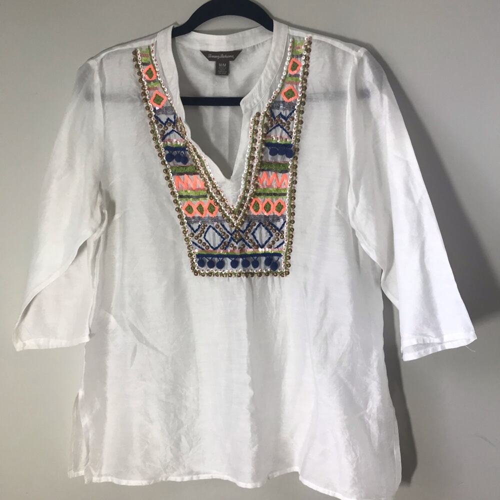 Tommy Bahama med v neck white cotton silk embellished beach travel tunic